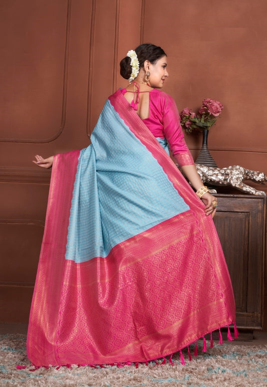 Vsaree Sky Blue Kanjivaram Silk Saree With Designer Zari Weaving Border And Blouse