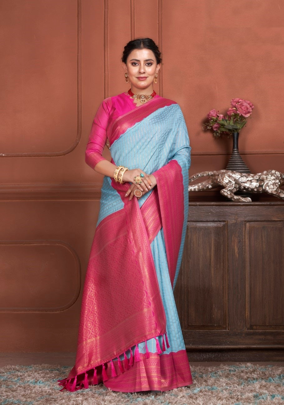 Vsaree Sky Blue Kanjivaram Silk Saree With Designer Zari Weaving Border And Blouse