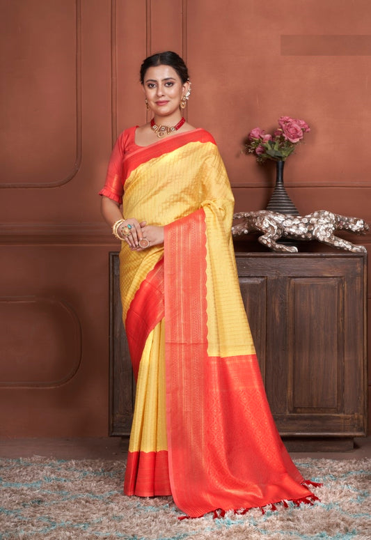 Vsaree Yellow Kanjivaram Silk Saree With Designer Zari Weaving Border And Blouse