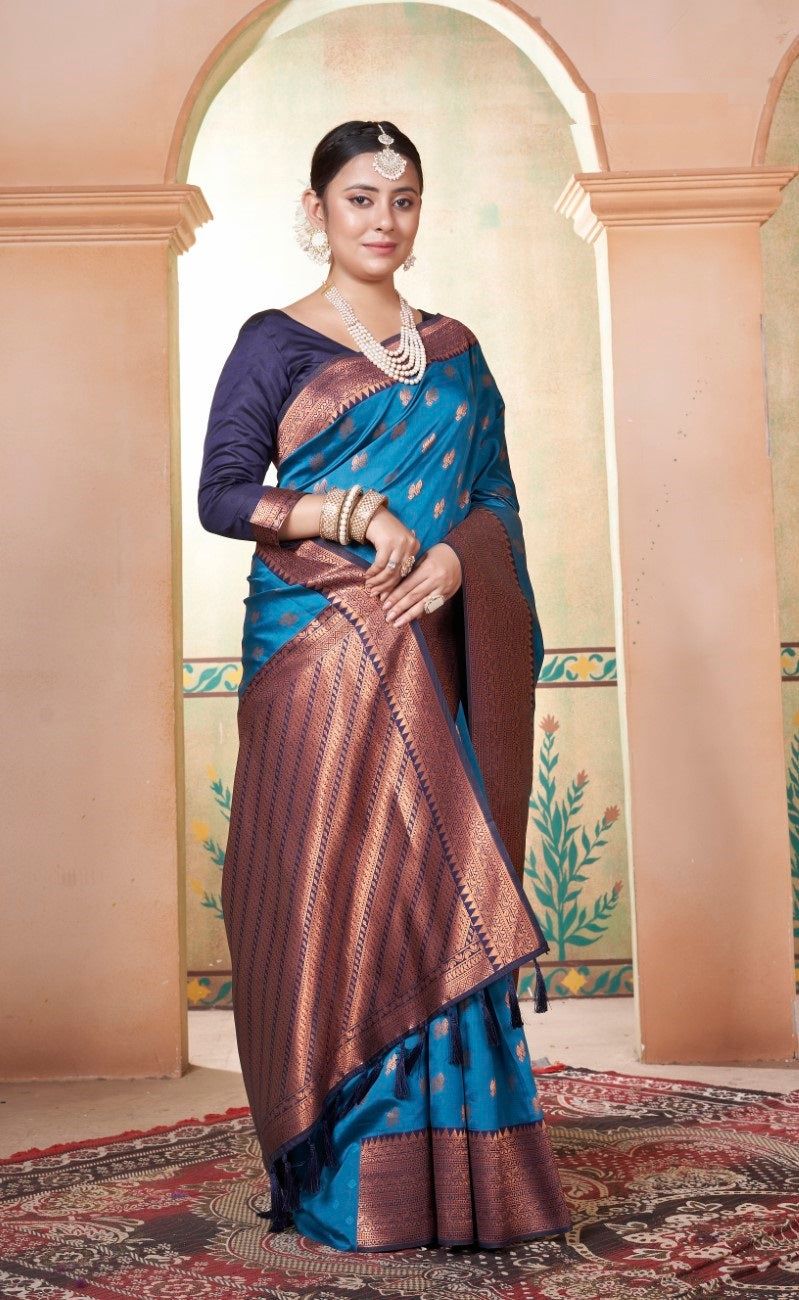 Vsaree Blue Kanjivaram Silk Saree With Designer Zari Weaving Border And Blouse