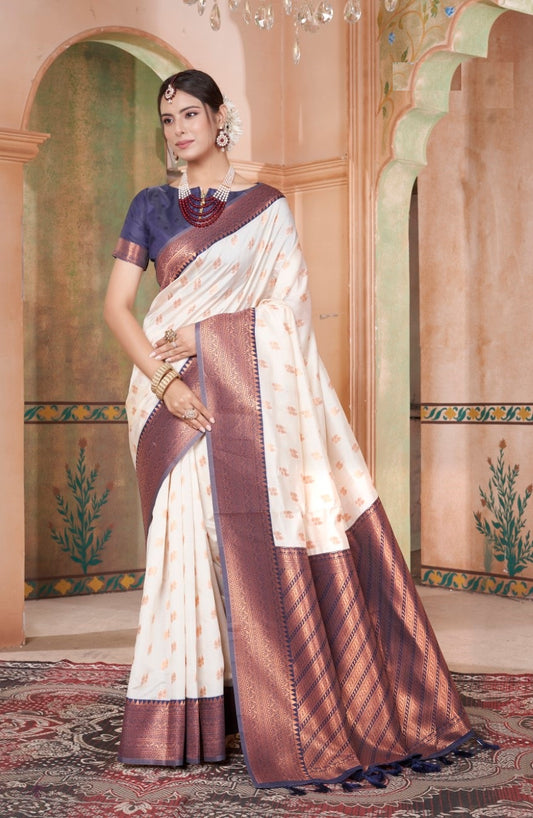 Vsaree Cream Kanjivaram Silk Saree With Designer Zari Weaving Border And Blouse