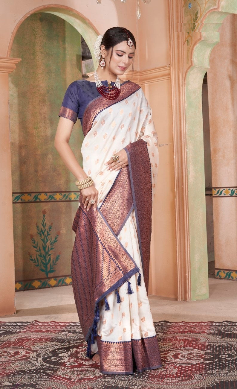 Vsaree Cream Kanjivaram Silk Saree With Designer Zari Weaving Border And Blouse