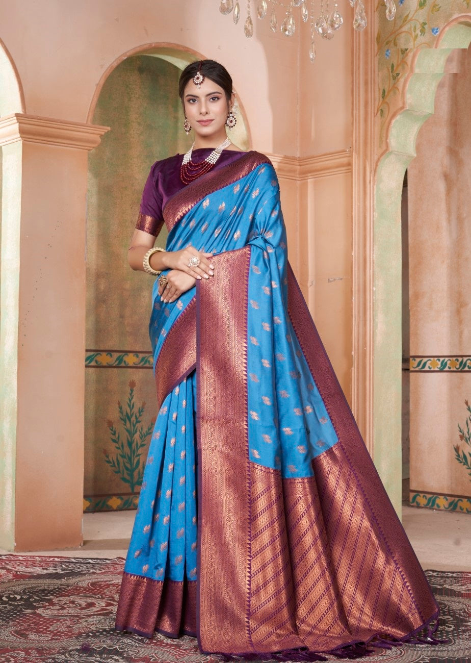 Vsaree Indigo Kanjivaram Silk Saree With Designer Zari Weaving Border And Blouse