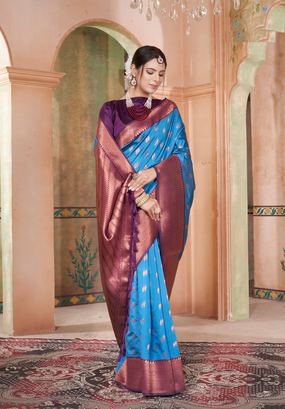 Vsaree Indigo Kanjivaram Silk Saree With Designer Zari Weaving Border And Blouse