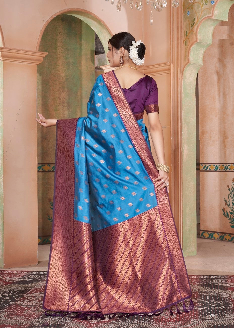 Vsaree Indigo Kanjivaram Silk Saree With Designer Zari Weaving Border And Blouse