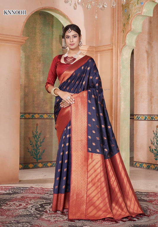 Vsaree Navy Blue Kanjivaram Silk Saree With Designer Zari Weaving Border And Blouse