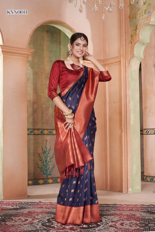 Vsaree Navy Blue Kanjivaram Silk Saree With Designer Zari Weaving Border And Blouse