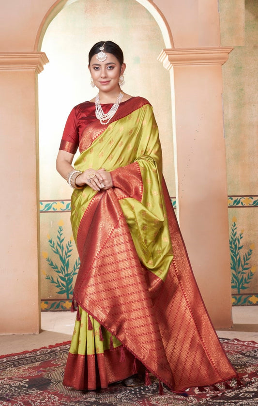 Vsaree Parrot Green Kanjivaram Silk Saree With Designer Zari Weaving Border And Blouse