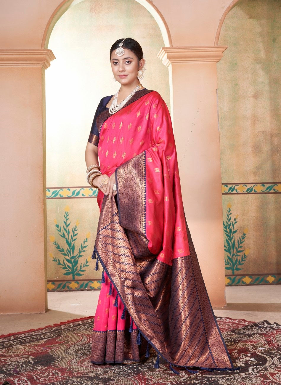 Vsaree Rani Pink Kanjivaram Silk Saree With Designer Zari Weaving Border And Blouse