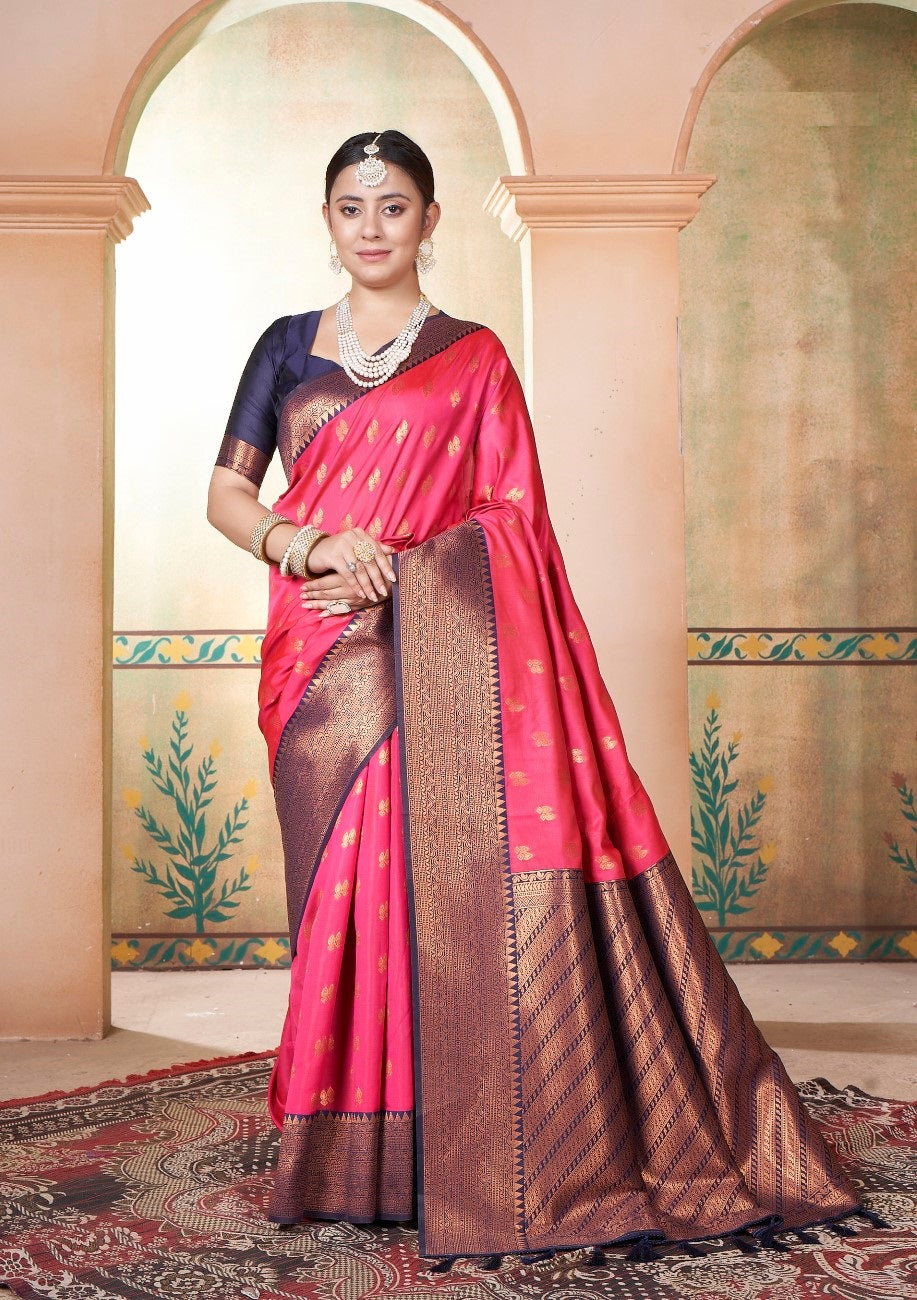 Vsaree Rani Pink Kanjivaram Silk Saree With Designer Zari Weaving Border And Blouse