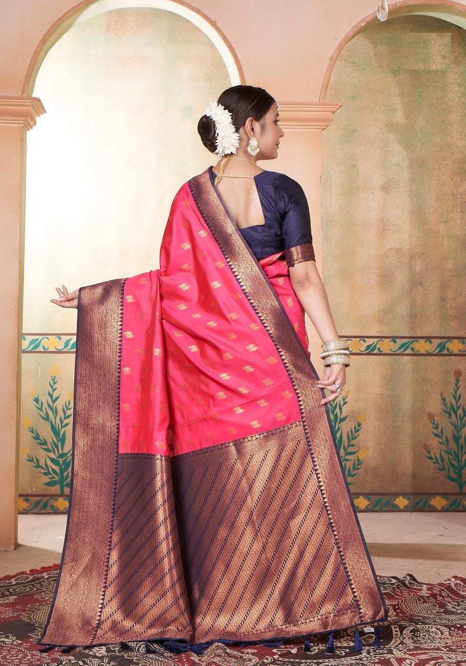 Vsaree Rani Pink Kanjivaram Silk Saree With Designer Zari Weaving Border And Blouse