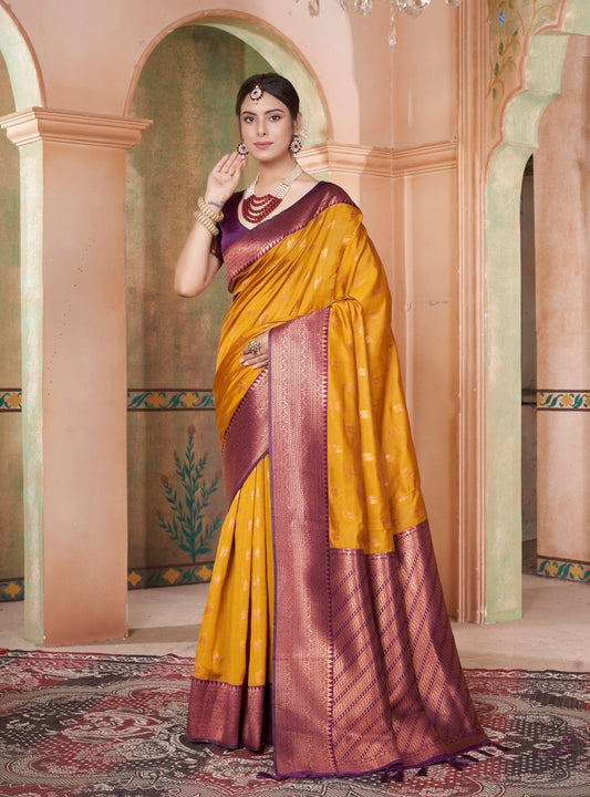 Vsaree Yellow Kanjivaram Silk Saree With Designer Zari Weaving Border And Blouse