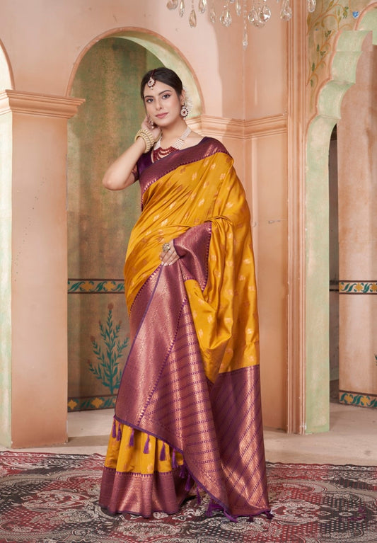 Vsaree Yellow Kanjivaram Silk Saree With Designer Zari Weaving Border And Blouse