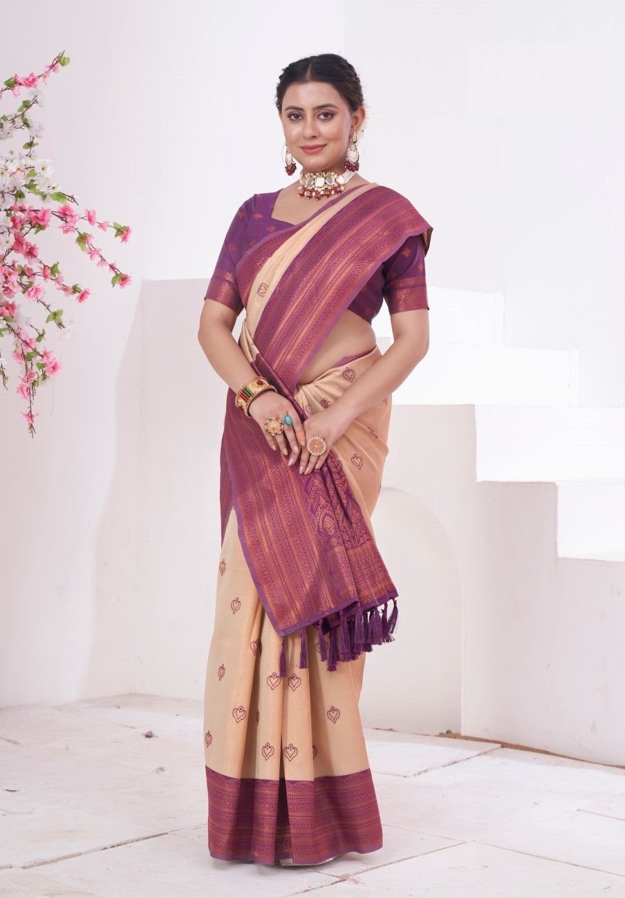 Vsaree Cream Kanjivaram Silk Saree With Designer Zari Weaving Border And Blouse