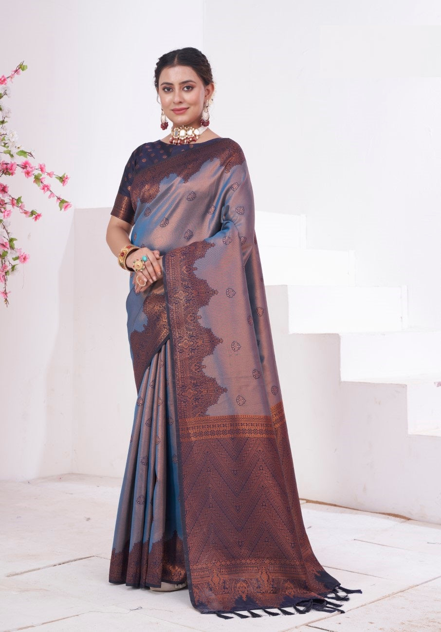 Vsaree Indigo Kanjivaram Silk Saree With Designer Zari Weaving Border And Blouse