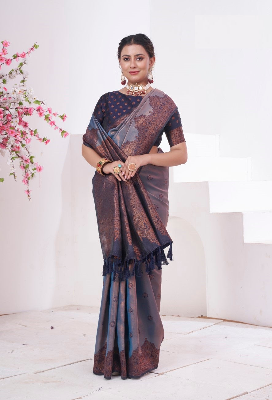 Vsaree Indigo Kanjivaram Silk Saree With Designer Zari Weaving Border And Blouse