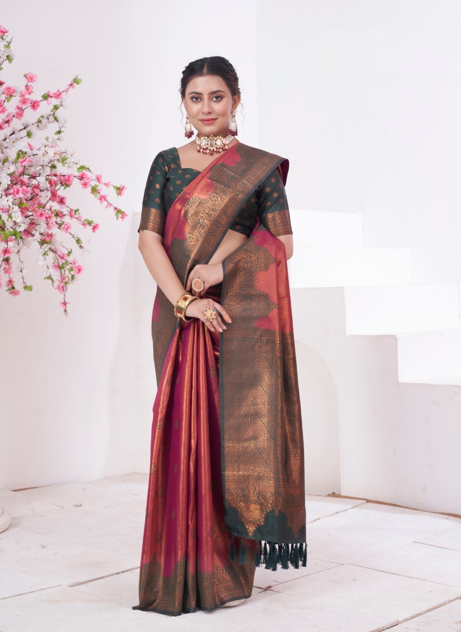 Vsaree Maroon Kanjivaram Silk Saree With Designer Zari Weaving Border And Blouse