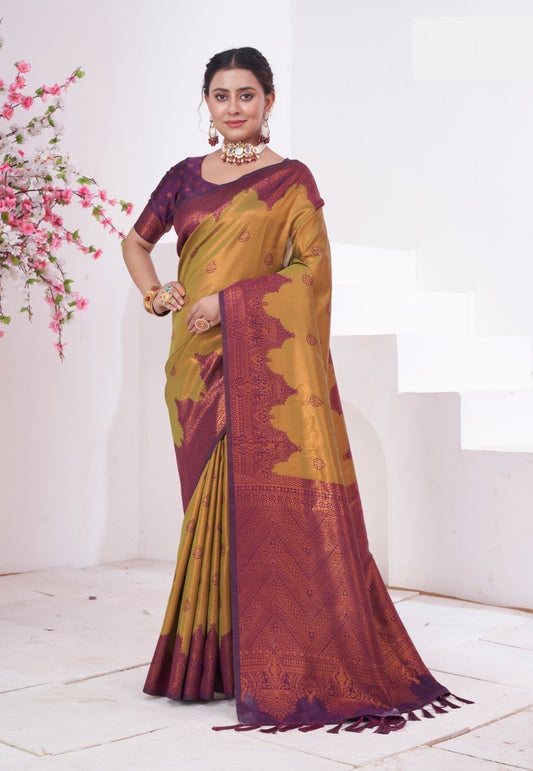 Vsaree Mustard Kanjivaram Silk Saree With Designer Zari Weaving Border And Blouse