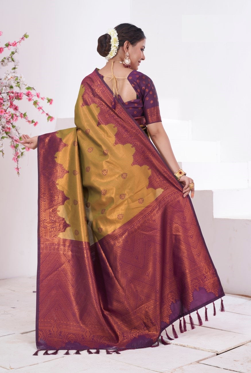 Vsaree Mustard Kanjivaram Silk Saree With Designer Zari Weaving Border And Blouse