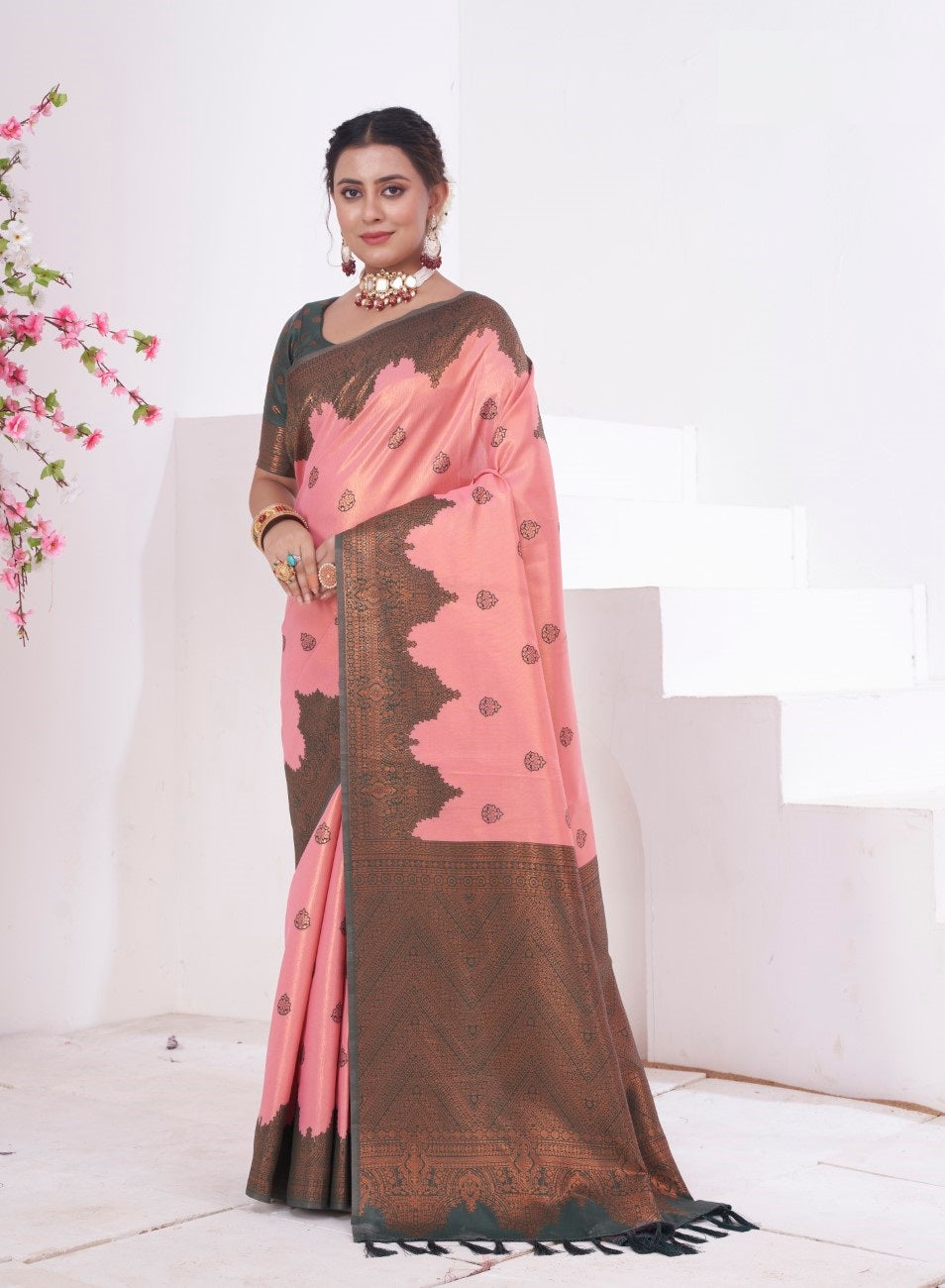 Vsaree Pink Kanjivaram Silk Saree With Designer Zari Weaving Border And Blouse