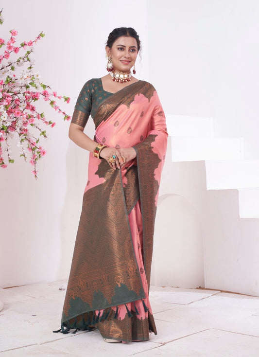 Vsaree Pink Kanjivaram Silk Saree With Designer Zari Weaving Border And Blouse