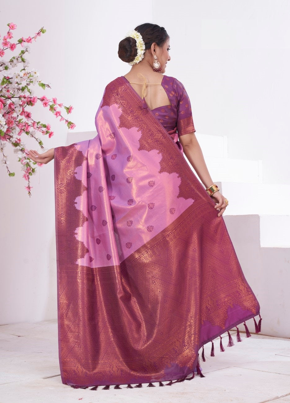 Vsaree Purple Kanjivaram Silk Saree With Designer Zari Weaving Border And Blouse