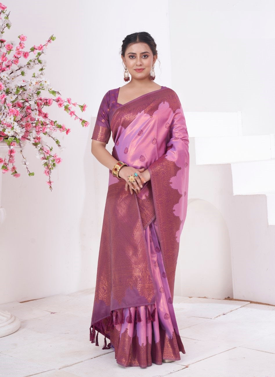 Vsaree Purple Kanjivaram Silk Saree With Designer Zari Weaving Border And Blouse