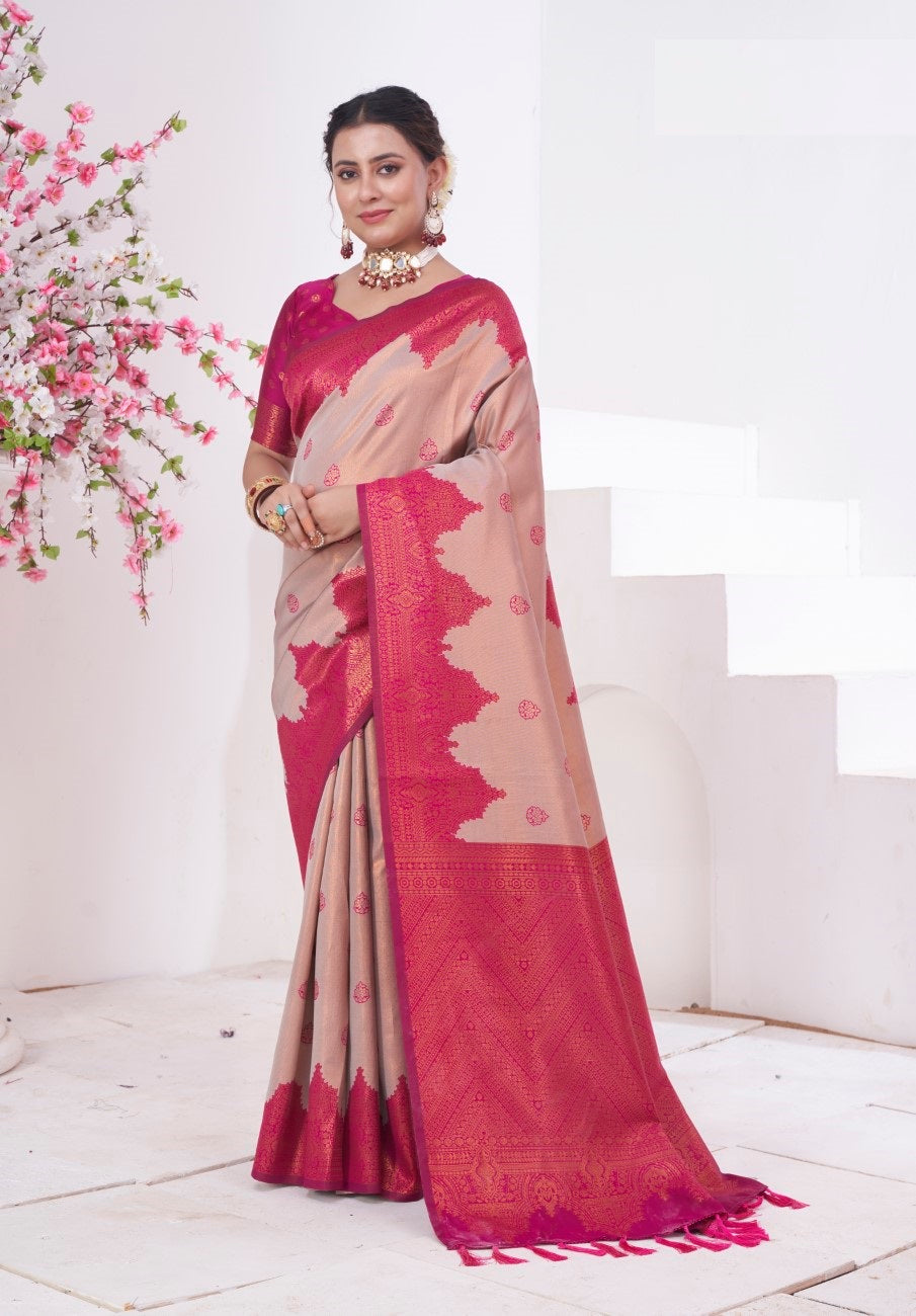 Vsaree Rani Pink Kanjivaram Silk Saree With Designer Zari Weaving Border And Blouse