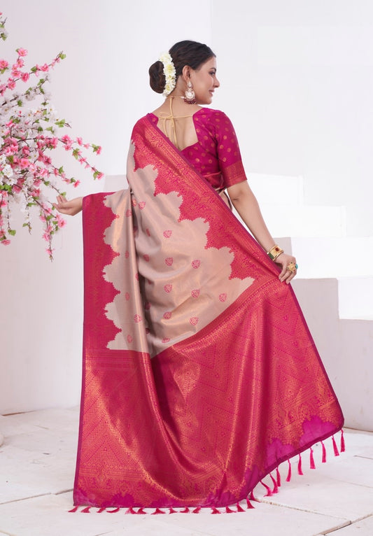 Vsaree Rani Pink Kanjivaram Silk Saree With Designer Zari Weaving Border And Blouse