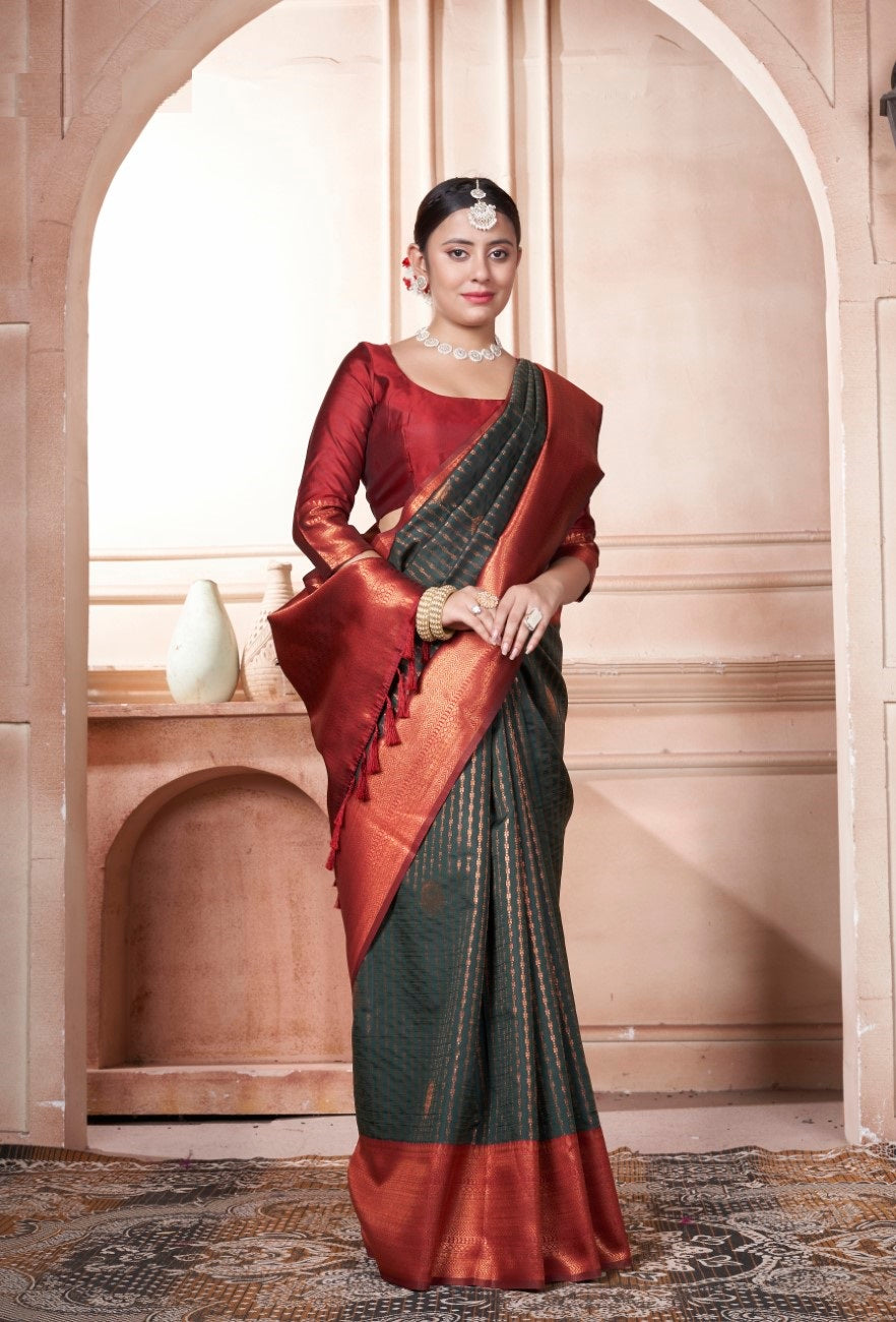 Vsaree Green Kanjivaram Silk Saree With Designer Zari Weaving Border And Blouse