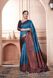 Vsaree Indigo Kanjivaram Silk Saree With Designer Zari Weaving Border And Blouse