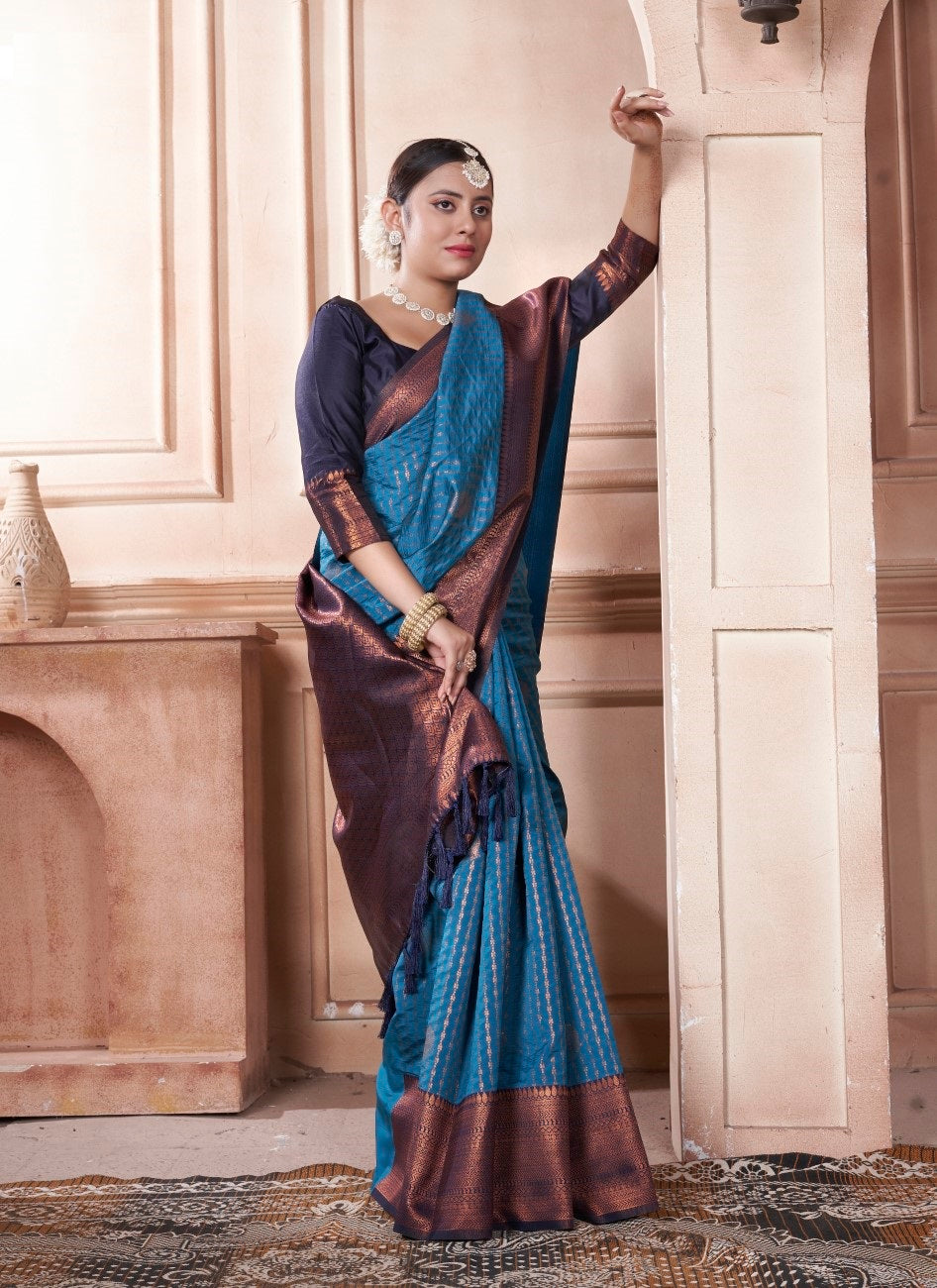 Vsaree Indigo Kanjivaram Silk Saree With Designer Zari Weaving Border And Blouse