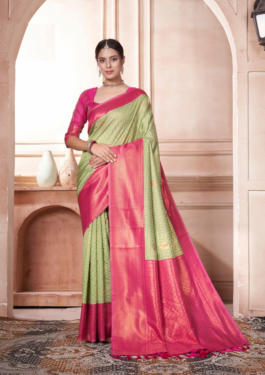 Vsaree Light Green Kanjivaram Silk Saree With Designer Zari Weaving Border And Blouse