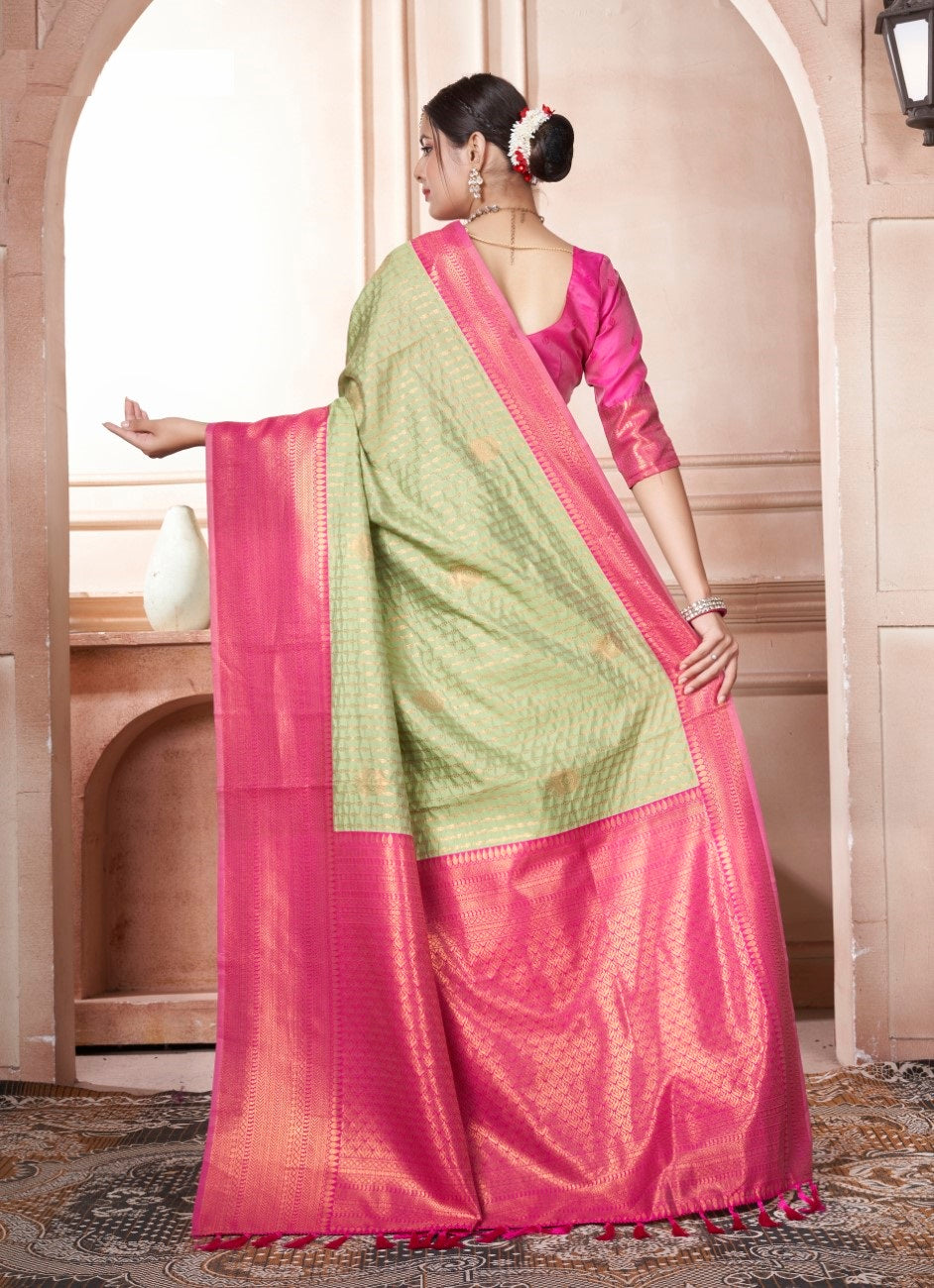 Vsaree Light Green Kanjivaram Silk Saree With Designer Zari Weaving Border And Blouse