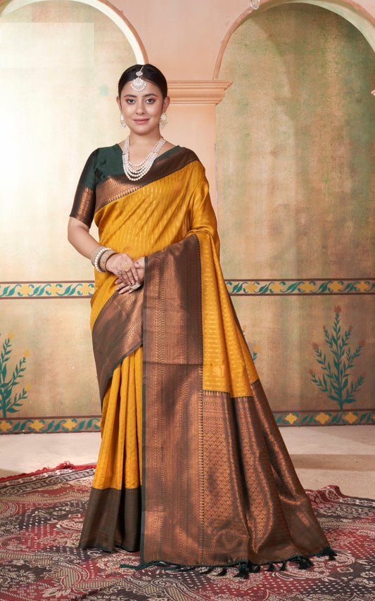 Vsaree Mustard Kanjivaram Silk Saree With Designer Zari Weaving Border And Blouse