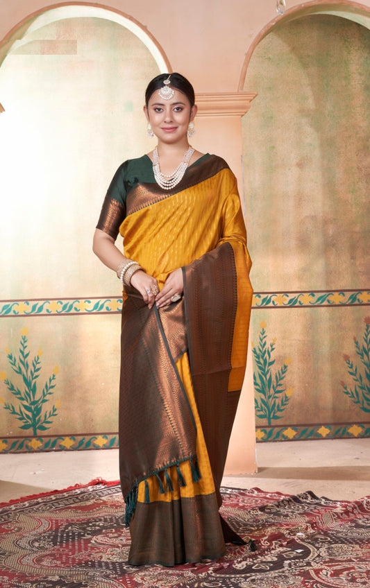 Vsaree Mustard Kanjivaram Silk Saree With Designer Zari Weaving Border And Blouse