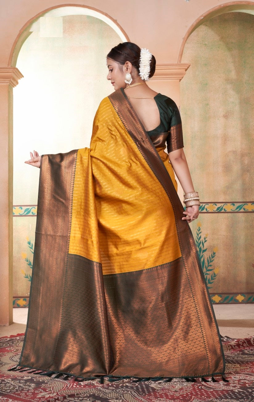 Vsaree Mustard Kanjivaram Silk Saree With Designer Zari Weaving Border And Blouse