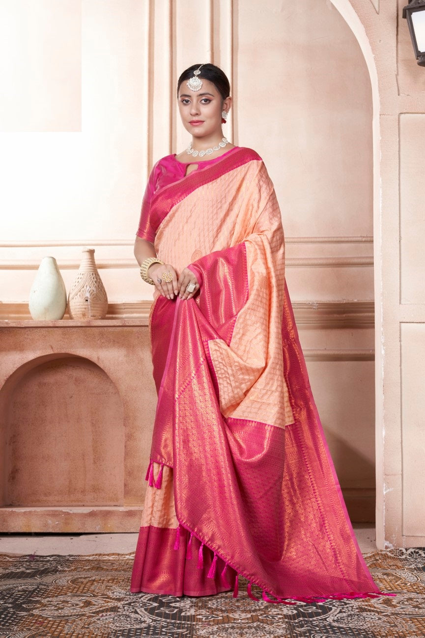 Vsaree Peach Kanjivaram Silk Saree With Designer Zari Weaving Border And Blouse