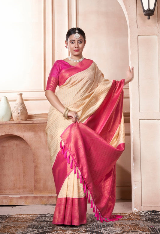 Vsaree Pink Kanjivaram Silk Saree With Designer Zari Weaving Border And Blouse