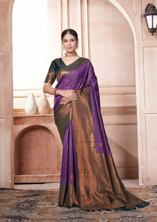 Vsaree Purple Kanjivaram Silk Saree With Designer Zari Weaving Border And Blouse