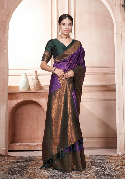 Vsaree Purple Kanjivaram Silk Saree With Designer Zari Weaving Border And Blouse