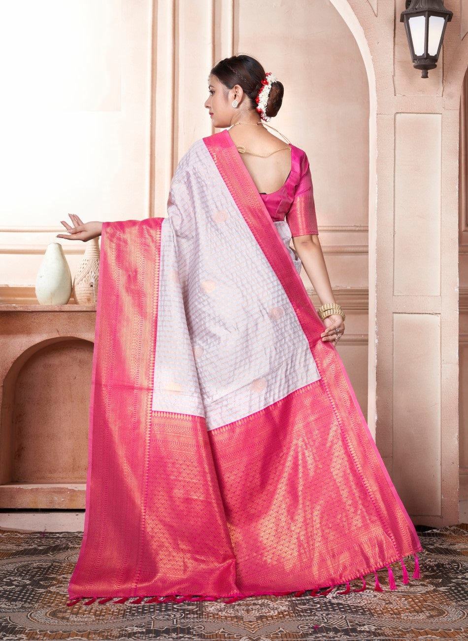 Vsaree Rani Pink Kanjivaram Silk Saree With Designer Zari Weaving Border And Blouse