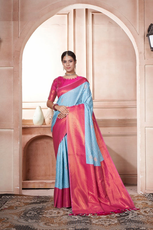 Vsaree Sky Blue Kanjivaram Silk Saree With Designer Zari Weaving Border And Blouse