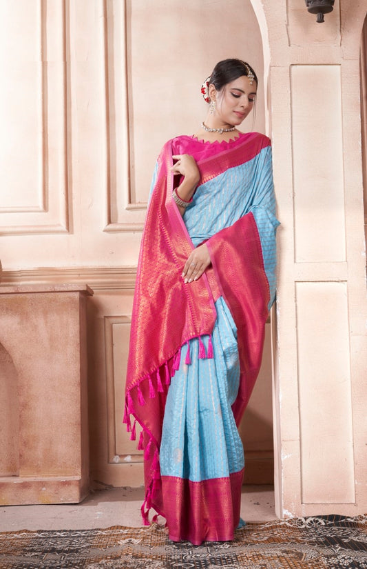 Vsaree Sky Blue Kanjivaram Silk Saree With Designer Zari Weaving Border And Blouse