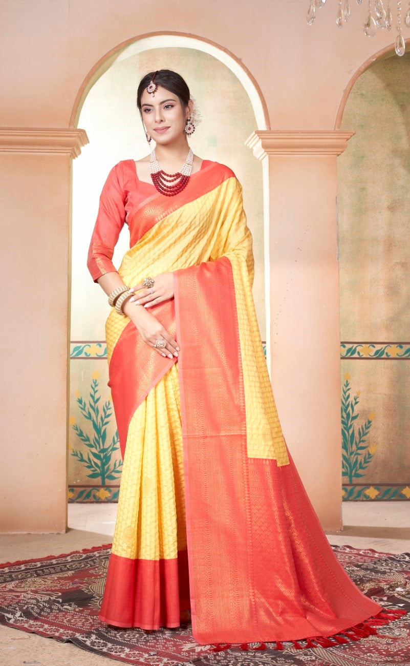 Vsaree Yellow Kanjivaram Silk Saree With Designer Zari Weaving Border And Blouse