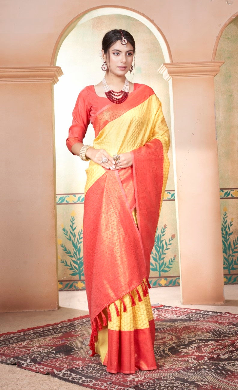 Vsaree Yellow Kanjivaram Silk Saree With Designer Zari Weaving Border And Blouse