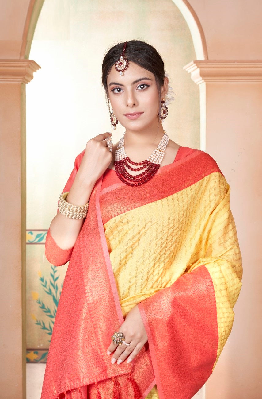 Vsaree Yellow Kanjivaram Silk Saree With Designer Zari Weaving Border And Blouse