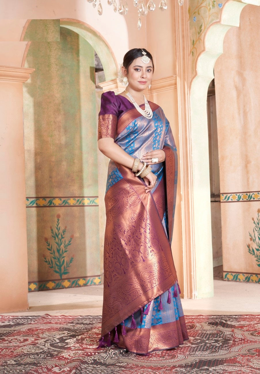 Vsaree Indigo Kanjivaram Silk Saree With Designer Zari Weaving Border And Blouse