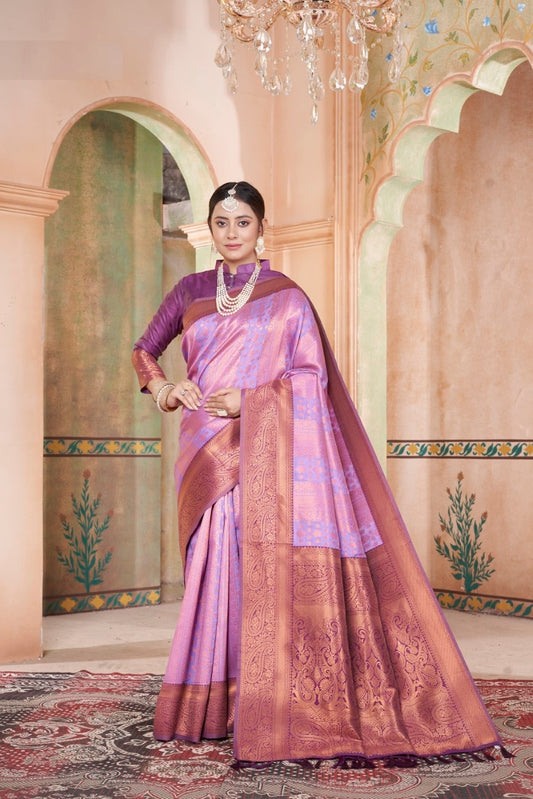 Vsaree Lavender Kanjivaram Silk Saree With Designer Zari Weaving Border And Blouse