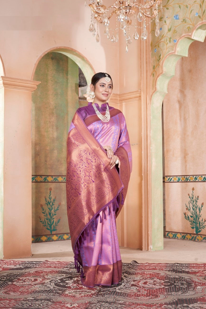 Vsaree Lavender Kanjivaram Silk Saree With Designer Zari Weaving Border And Blouse